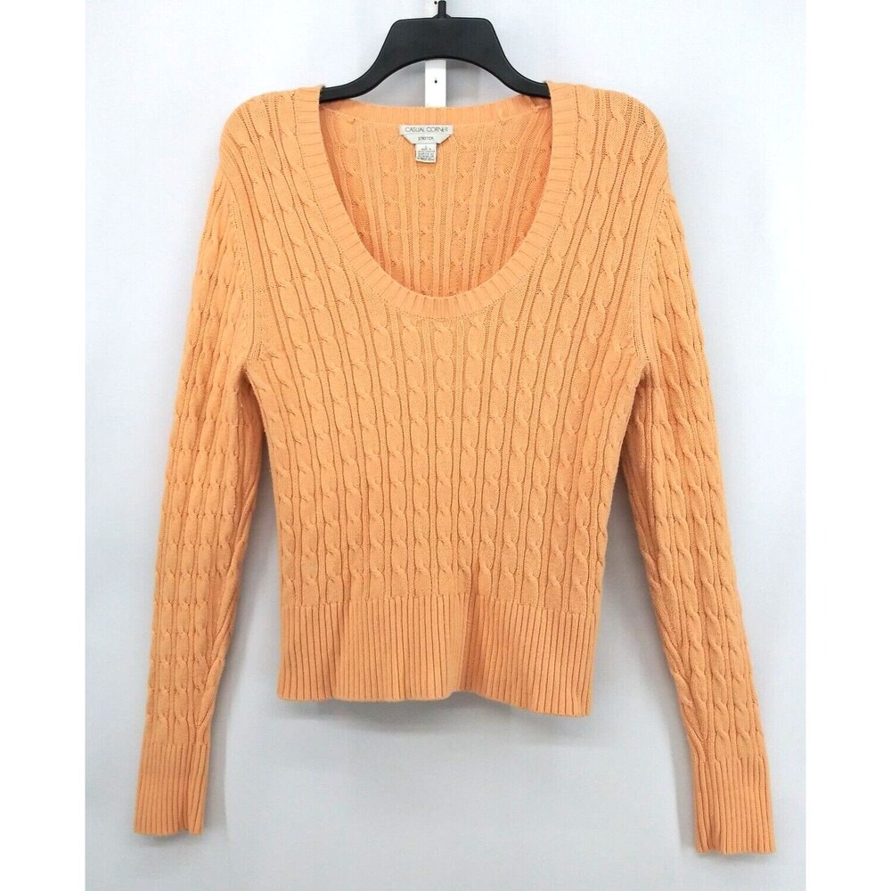 Casual Corner Sweater Womens Size L Creamsicle Orange Long Sleeve Cable Knit Top